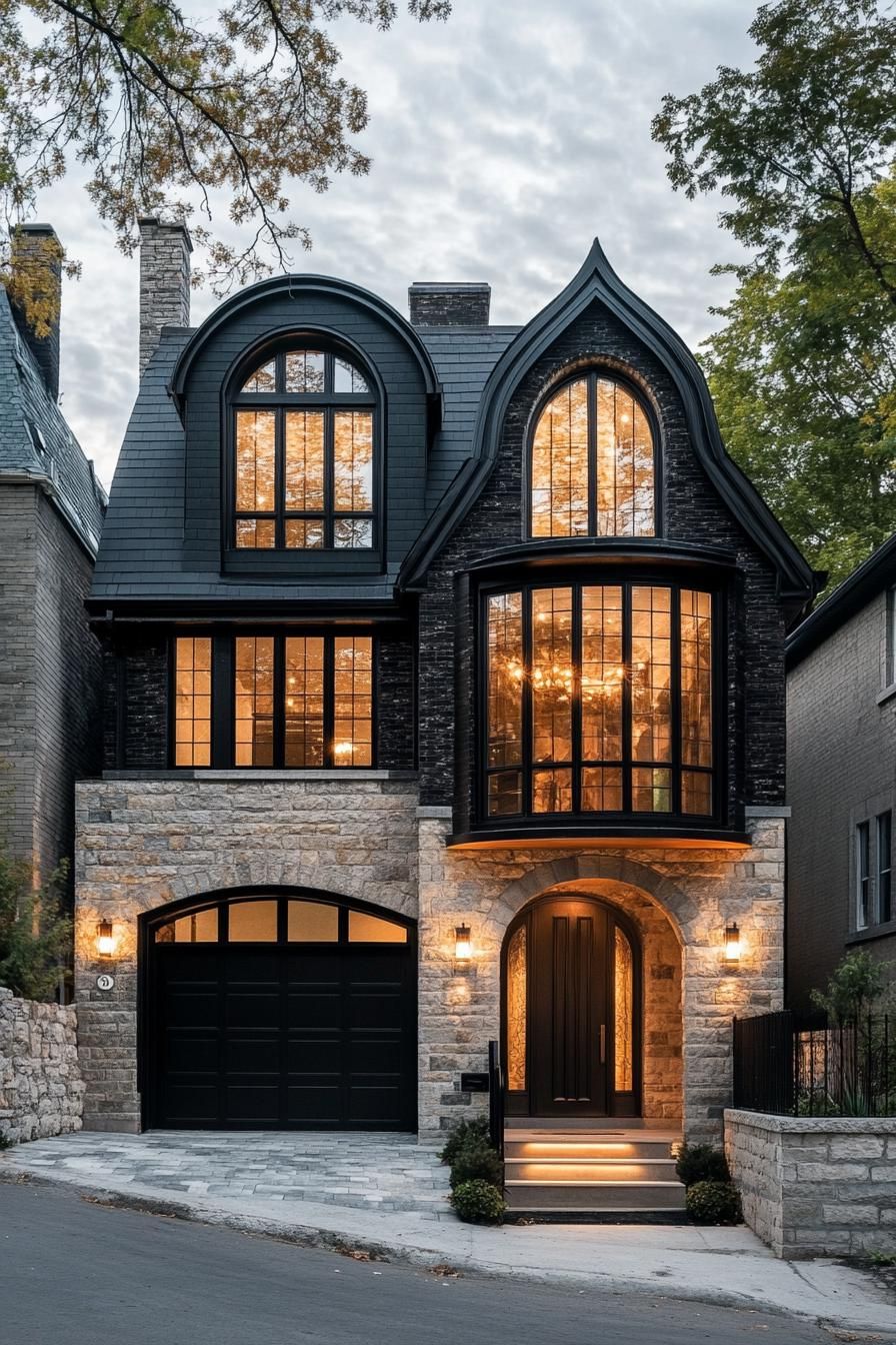 Modern Tudor house with dramatic arched windows and stone facade