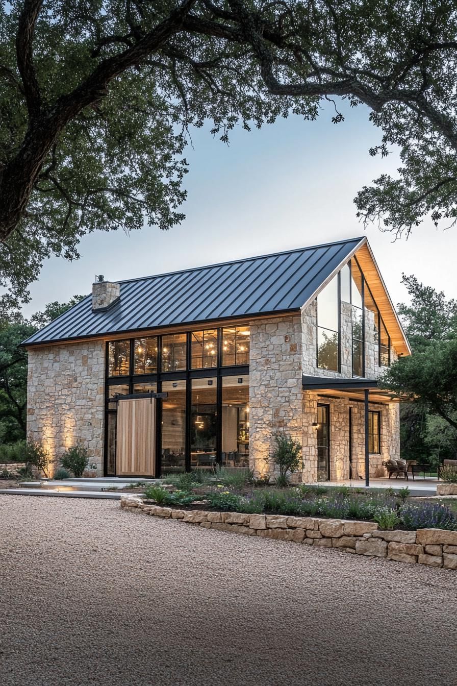 Chic stone barndominium with large glass windows