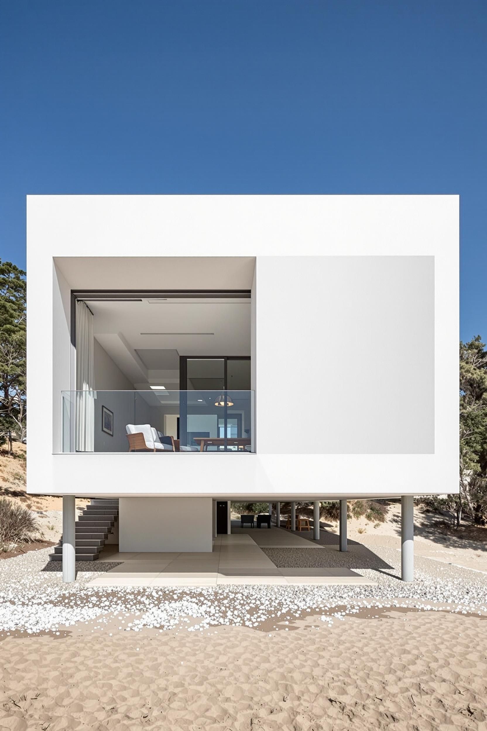 Modern white beachfront house on stilts with large windows