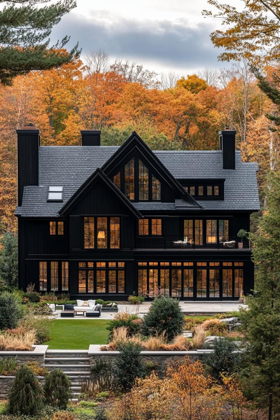 high angle view of large black manor house modern windows roof with gables and black shingles front garden terraced landscaping forest with mixed