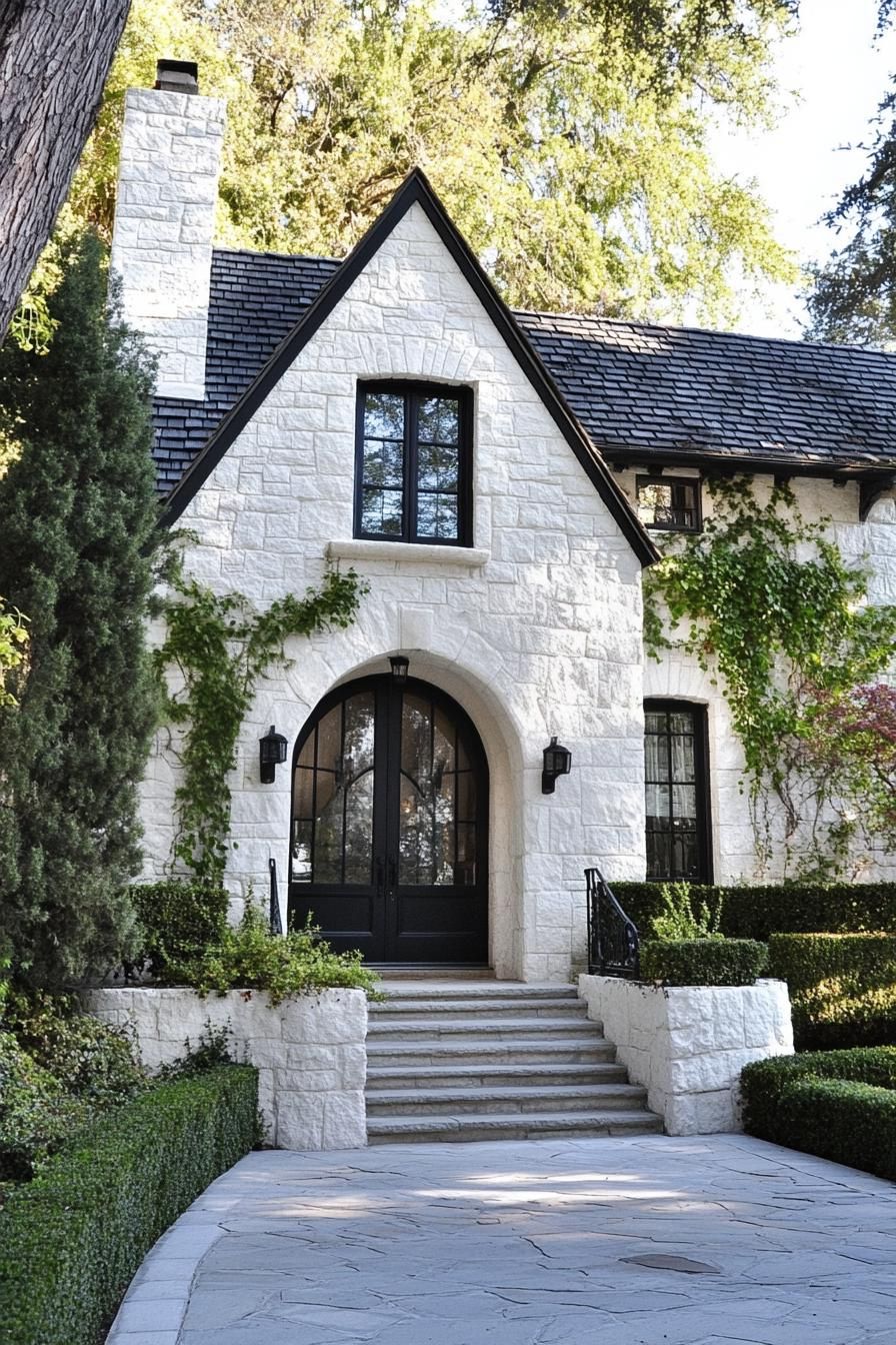 Stone house with arched entrance and climbing ivy