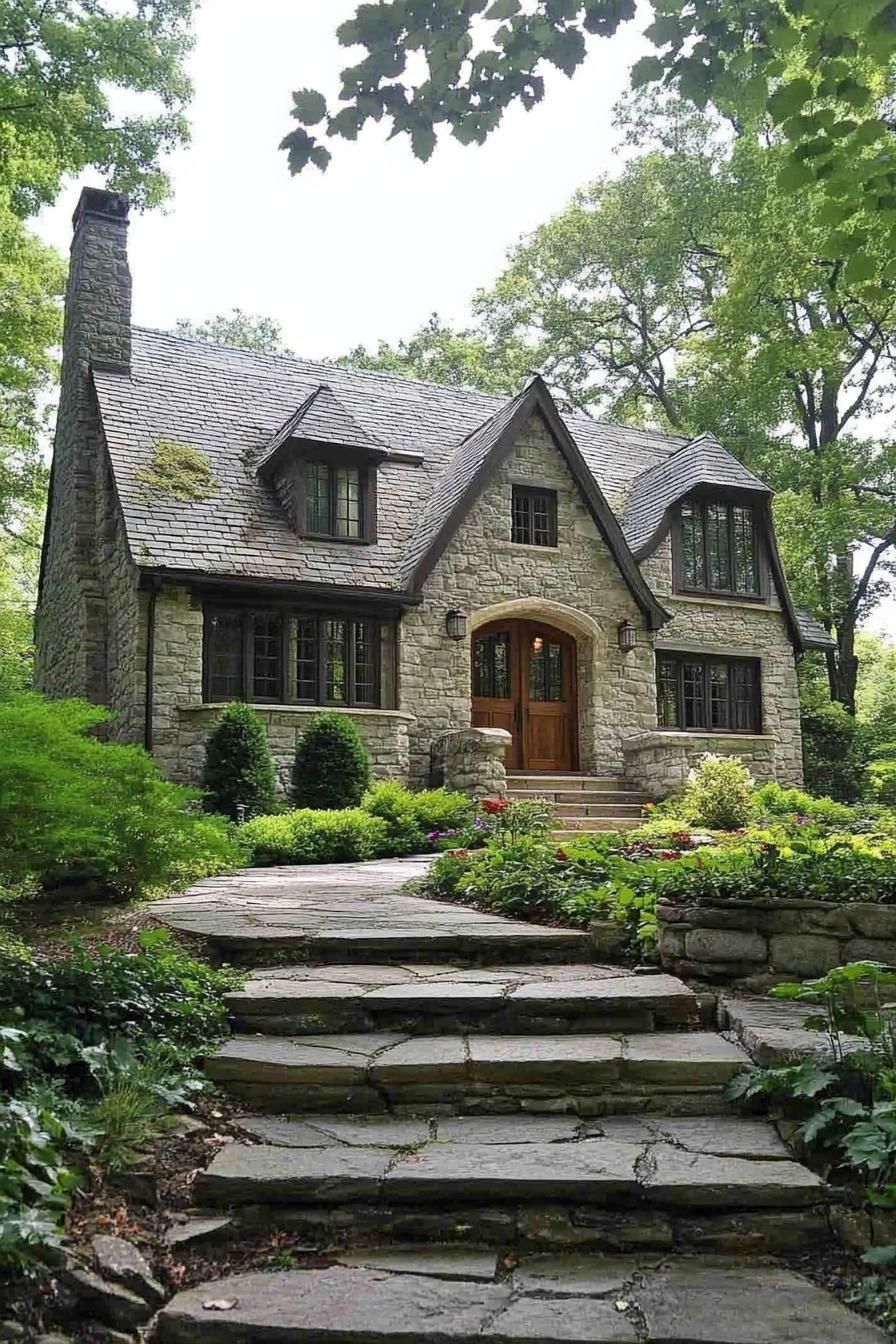 Charming stone cottage surrounded by lush greenery