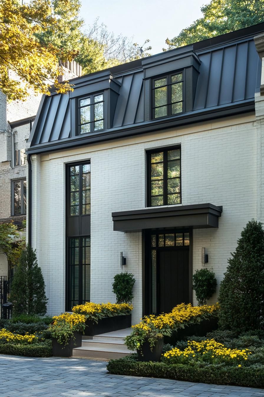 Modern townhouse facade with lush garden