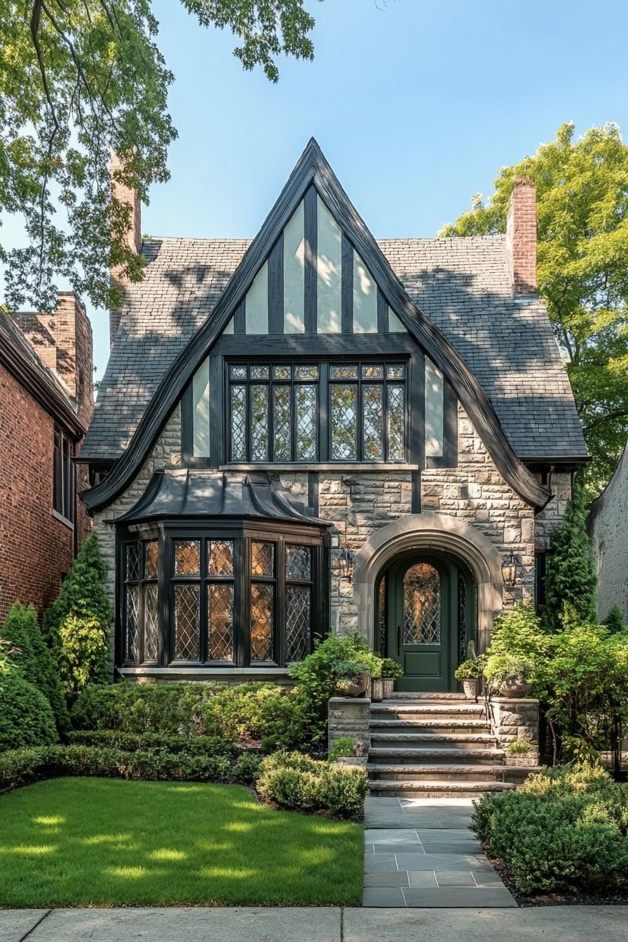 Quaint stone cottage with Gothic archway and lush garden