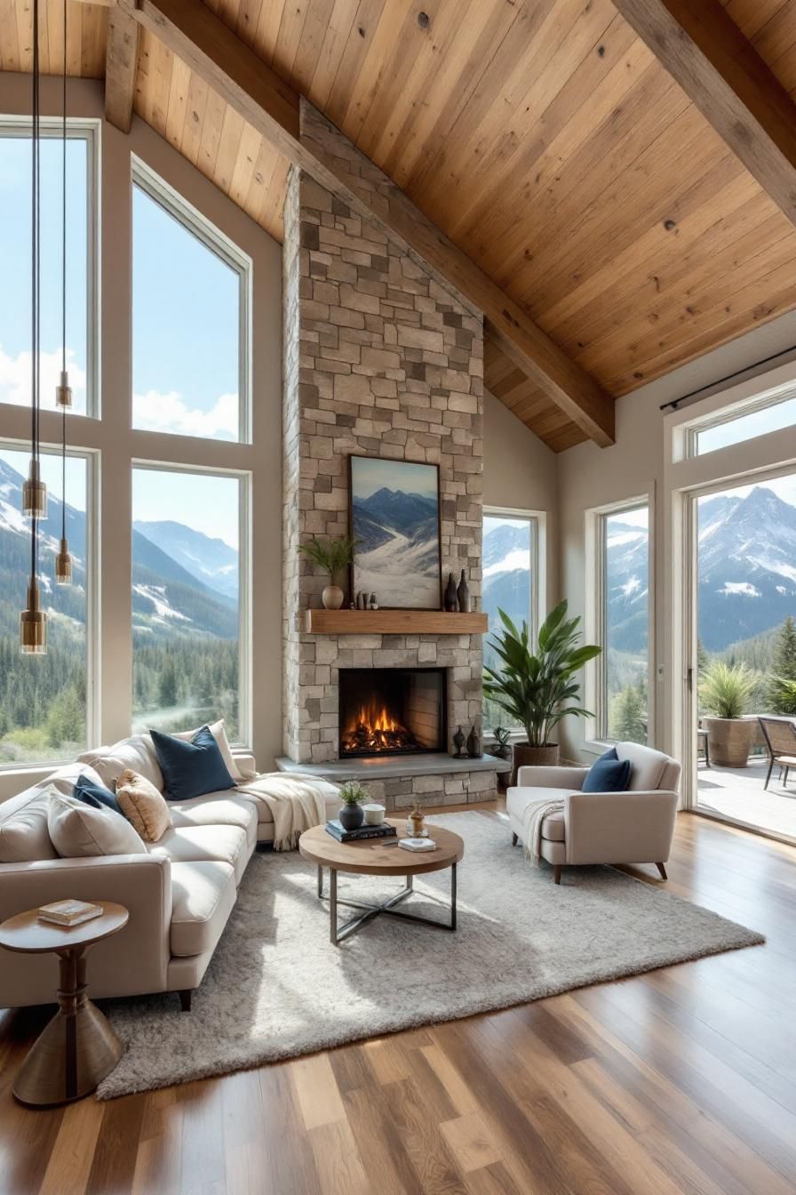 Cozy living room with a stone fireplace and mountain views