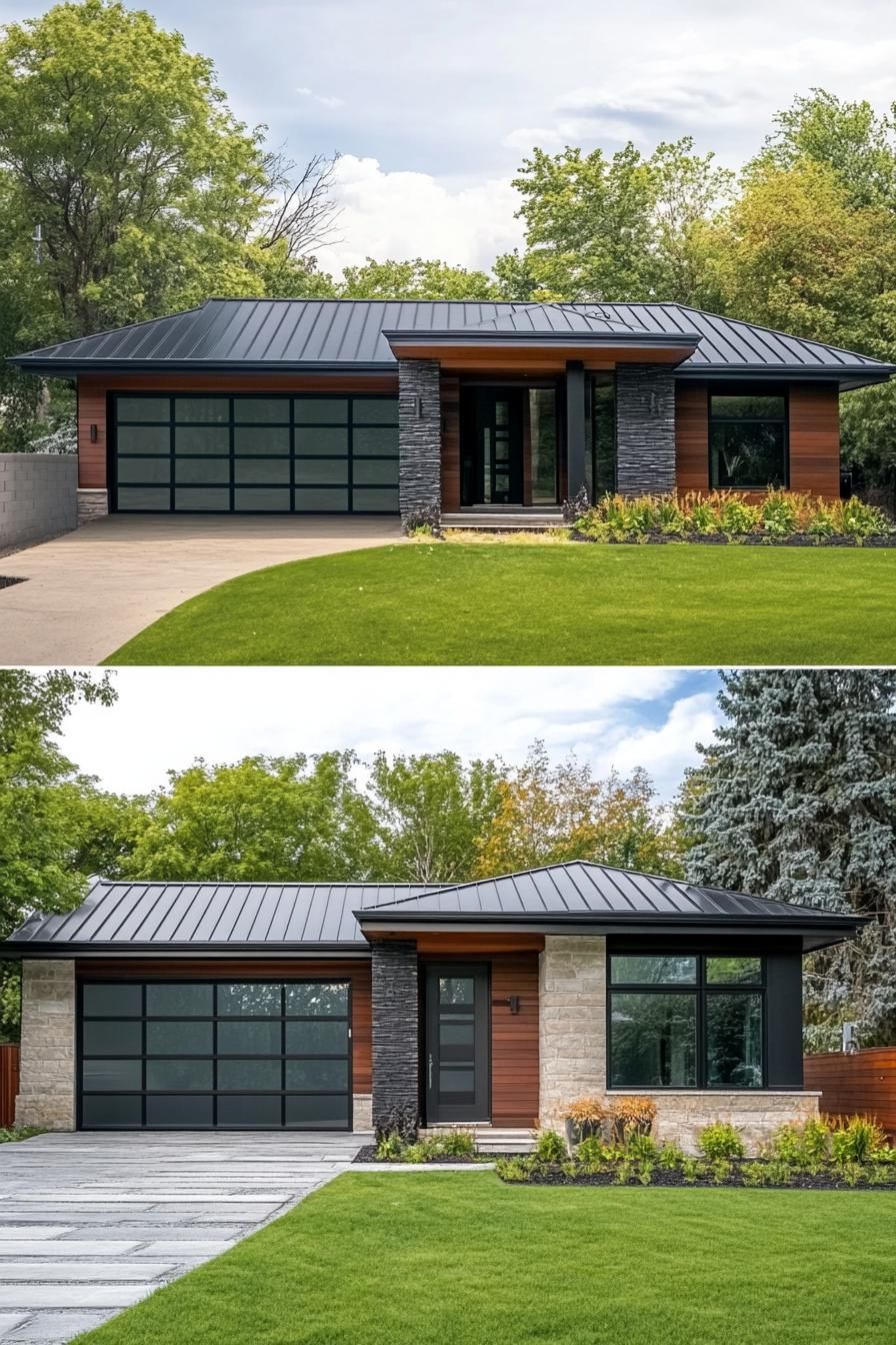 Modern ranch-style house with dark roof and large windows surrounded by lush greenery