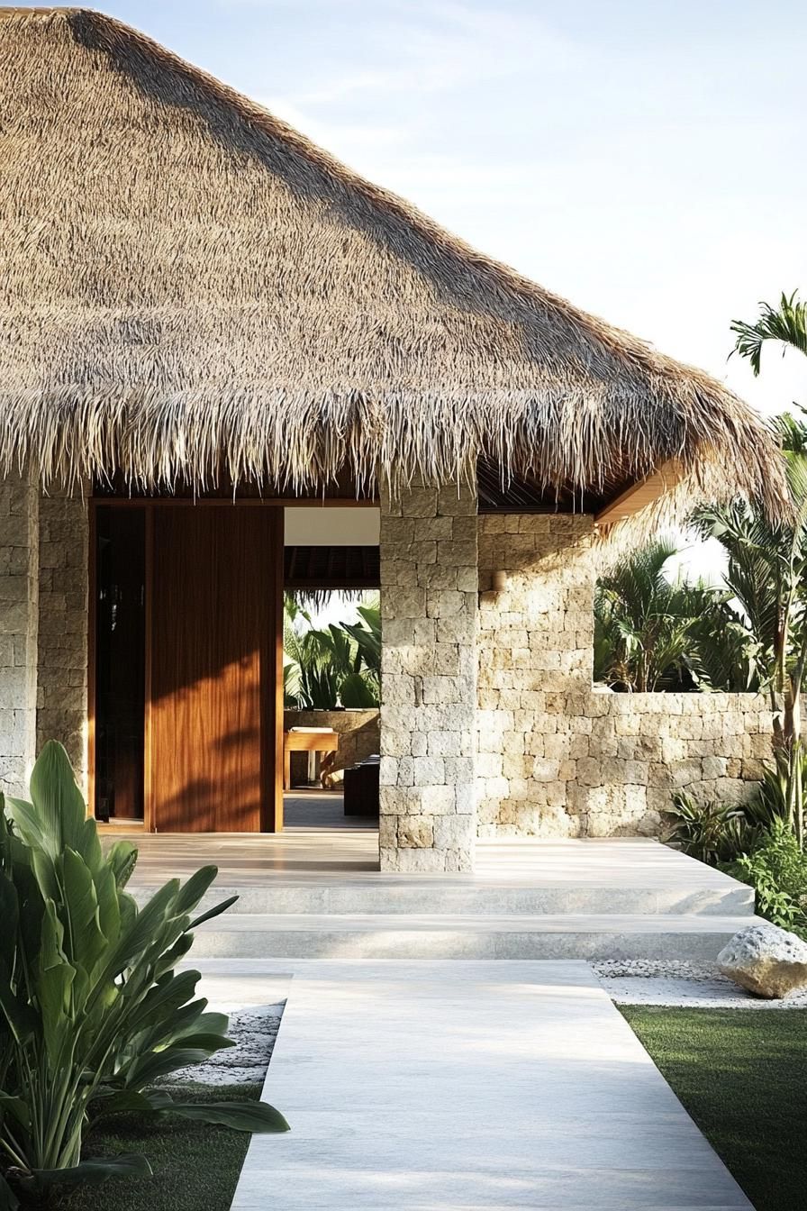 Balinese house entrance with stone walls and a thatched roof