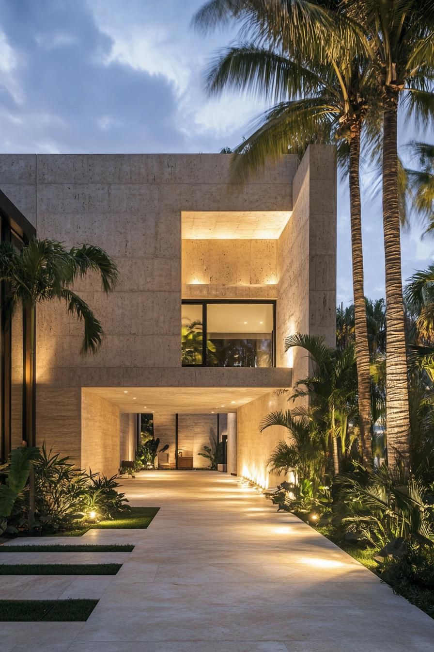 modern concrete villa design with textured siding the main entrace is large square shaped open hall on the far end of the hall the inner courtyard