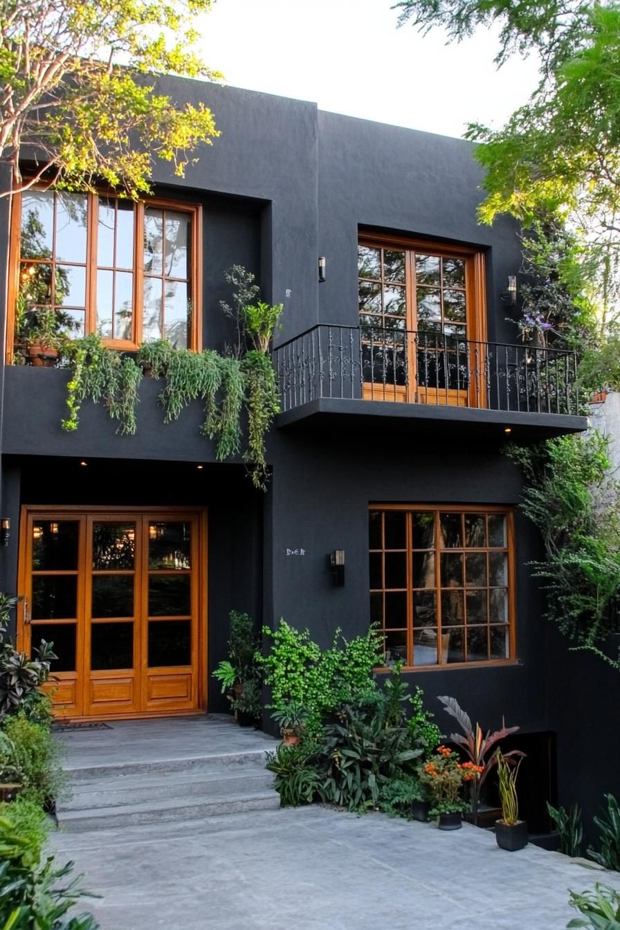 Modern Mexican house with black facade and wooden accents