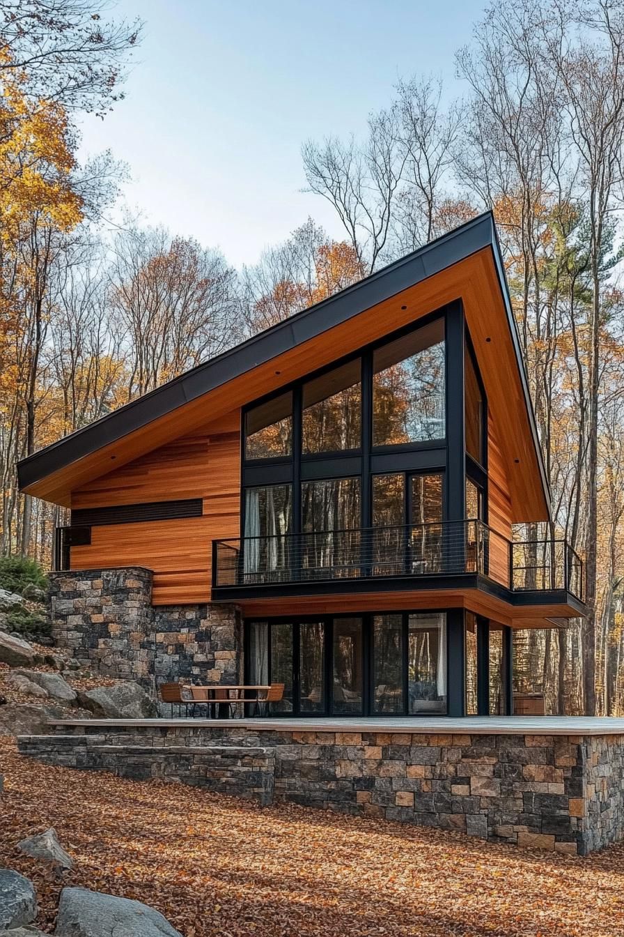 Wood and glass mountain cabin with a sloped roof