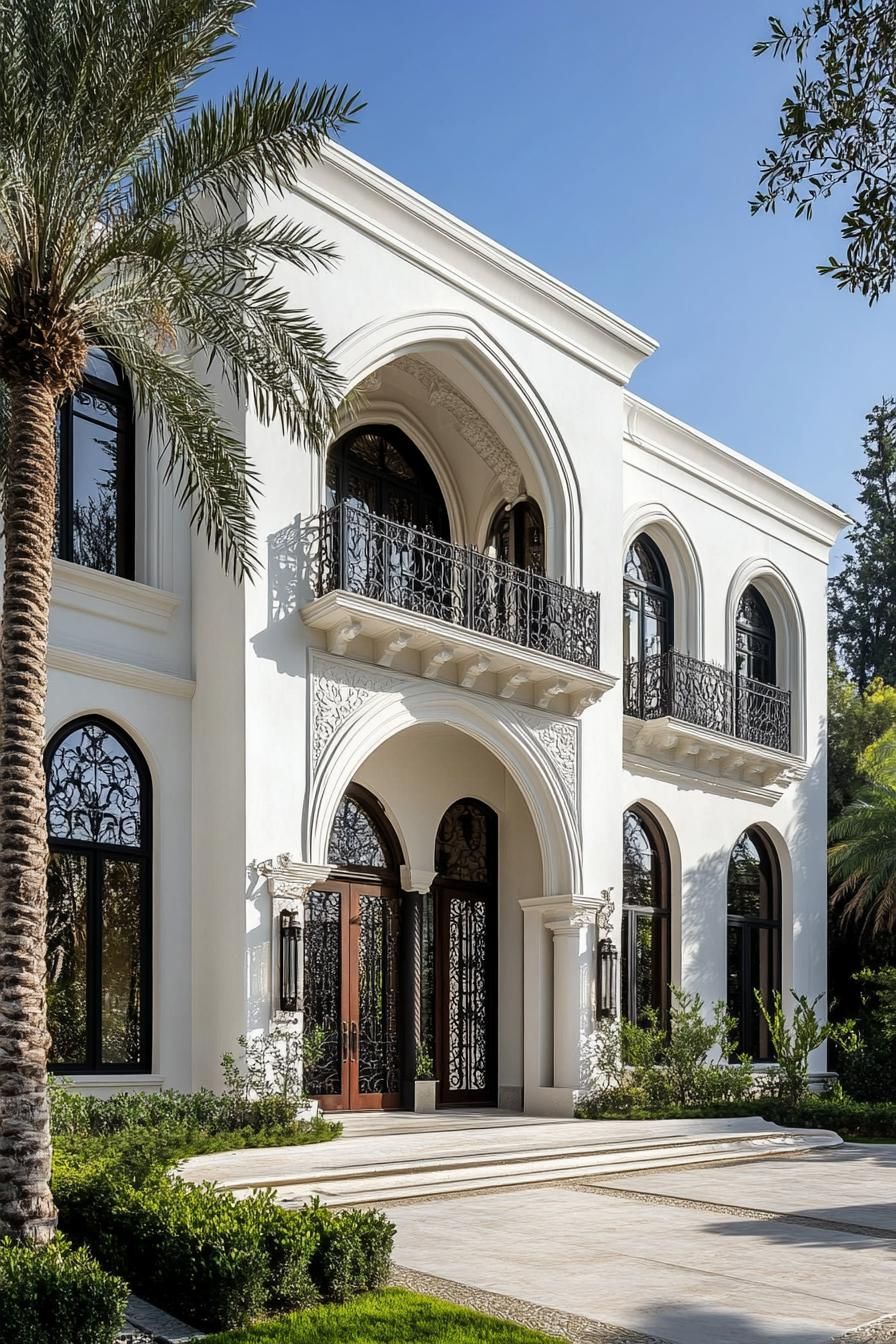 White stucco house with arches and tall windows