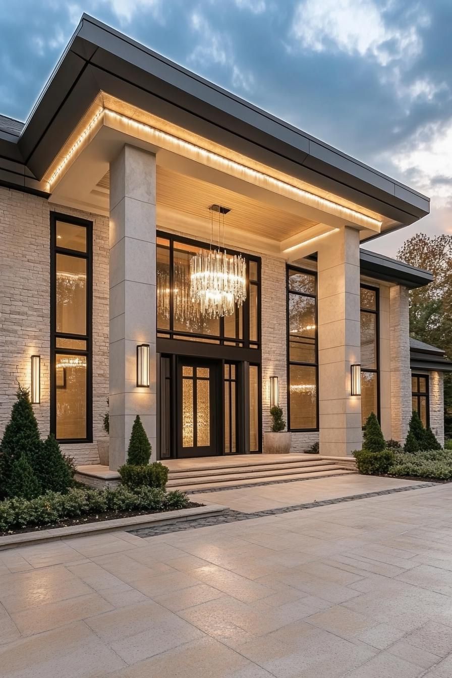 modern mansion with large columns and modlings large front arch over driveway there is a modern chandelier hanging from the arch the mansion has 2