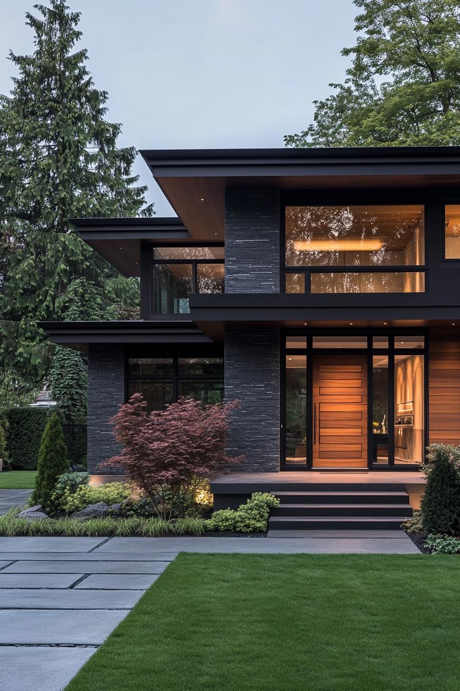 modern villa design with cascading facade dark wood slatted siding black trim dark grey granite accents veritcal full wall glass windows tall 1