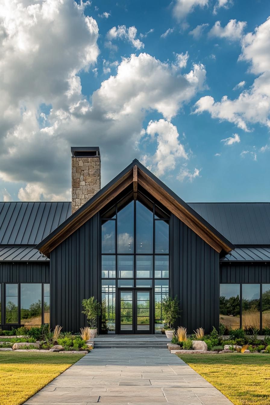 Modern black barndominium with large windows