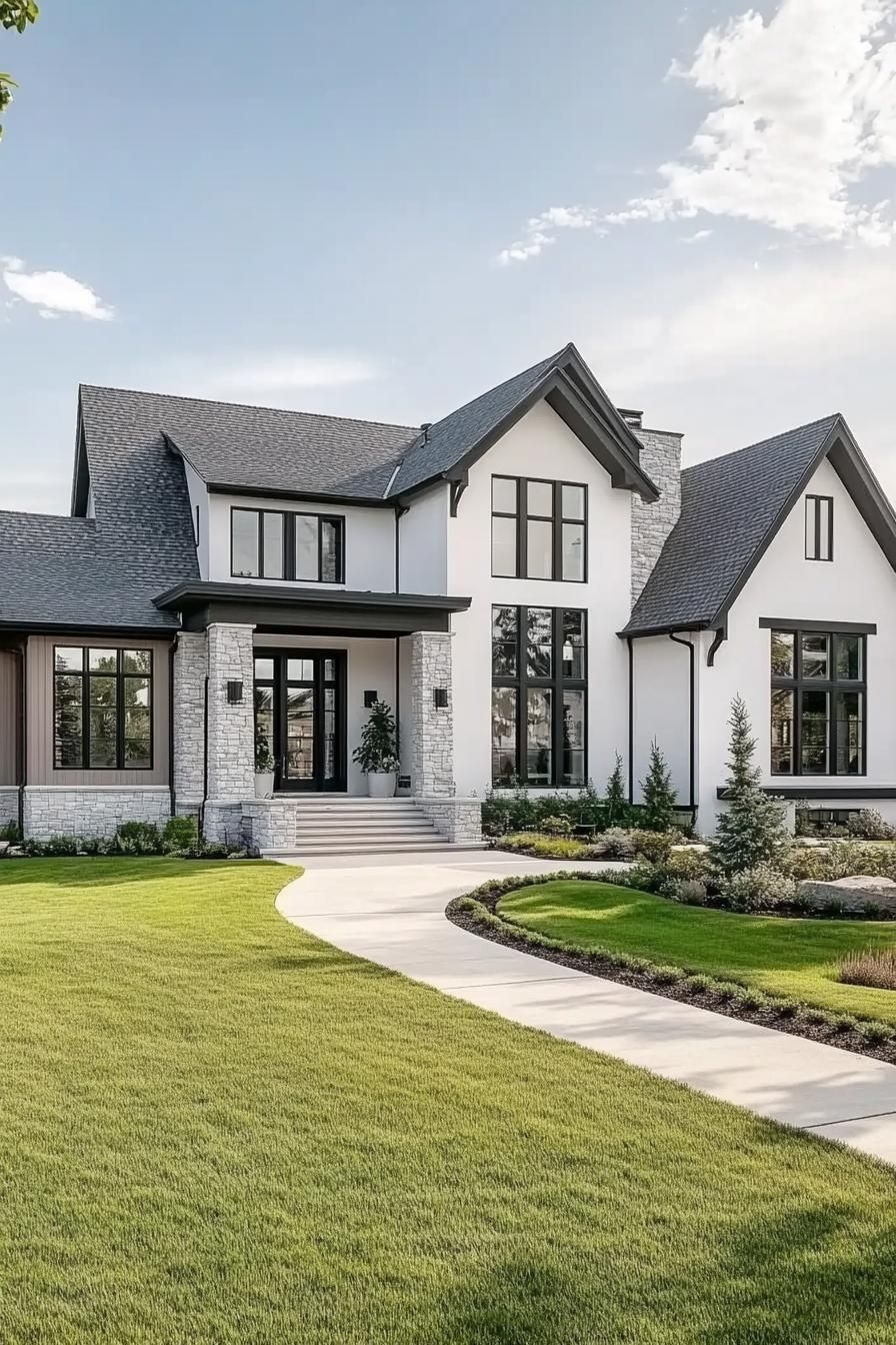 Modern house with gabled roof and manicured lawn