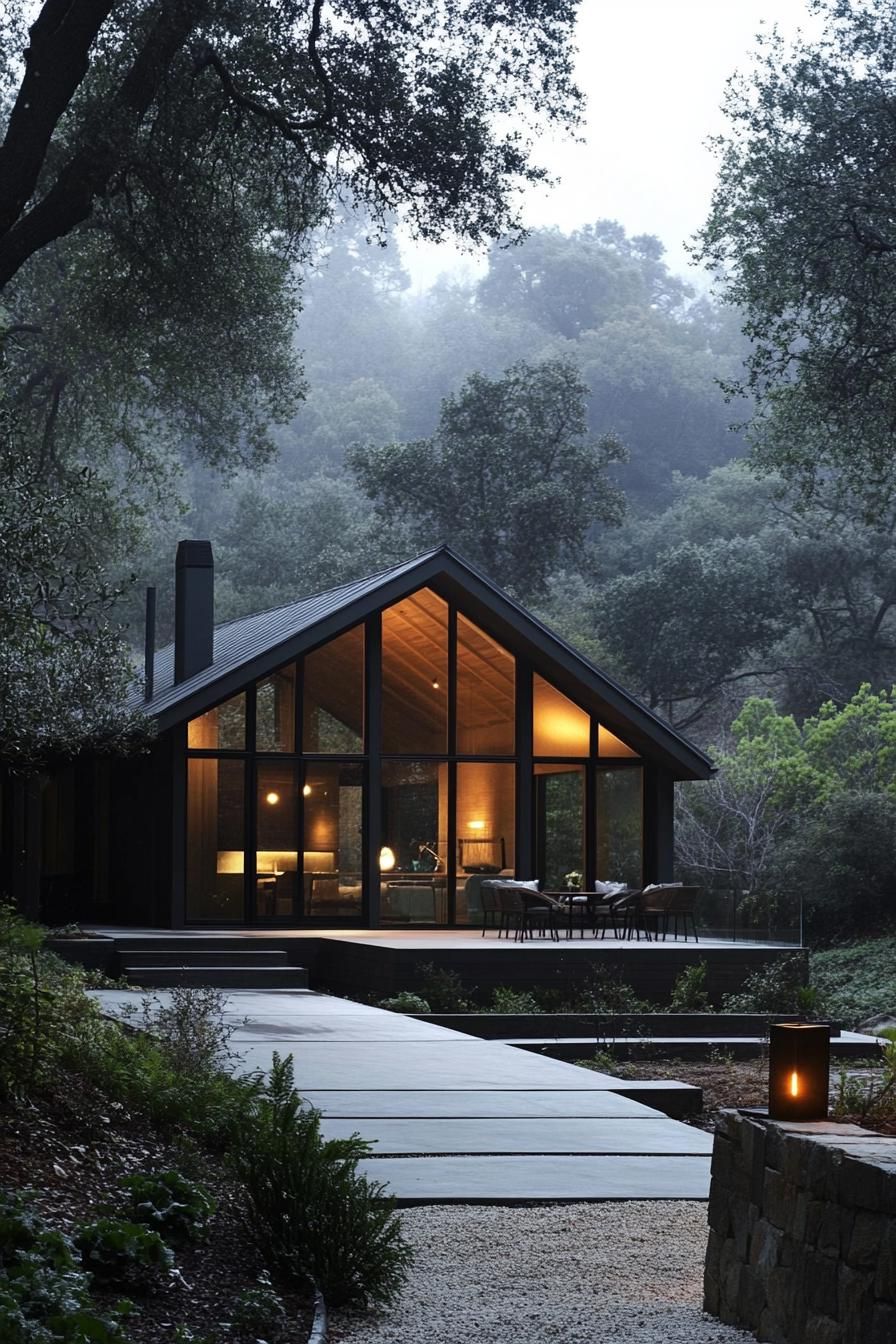 Modern cabin with large glass facade set in a misty forest