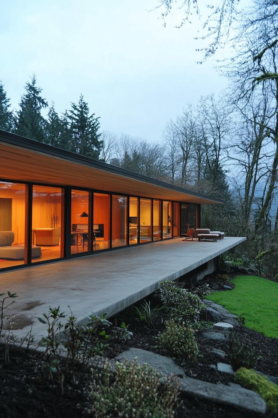 Long house with floor-to-ceiling windows surrounded by trees