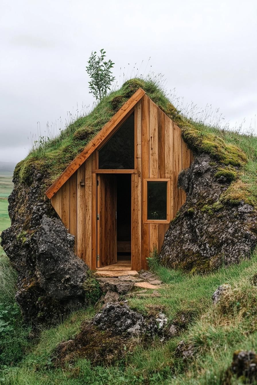 Cozy cabin nestled amid rocks and grass