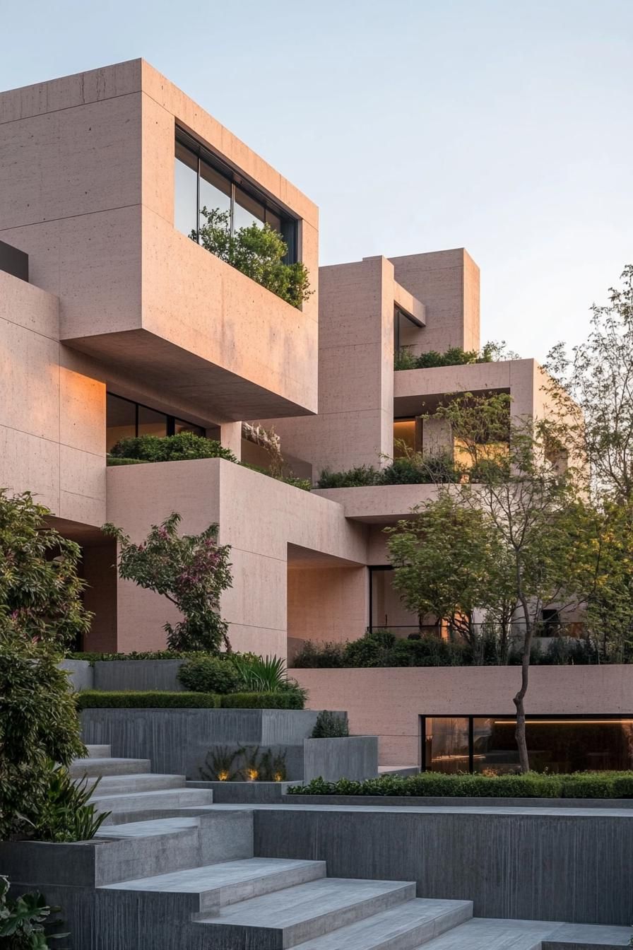 Contemporary block architecture surrounded by greenery