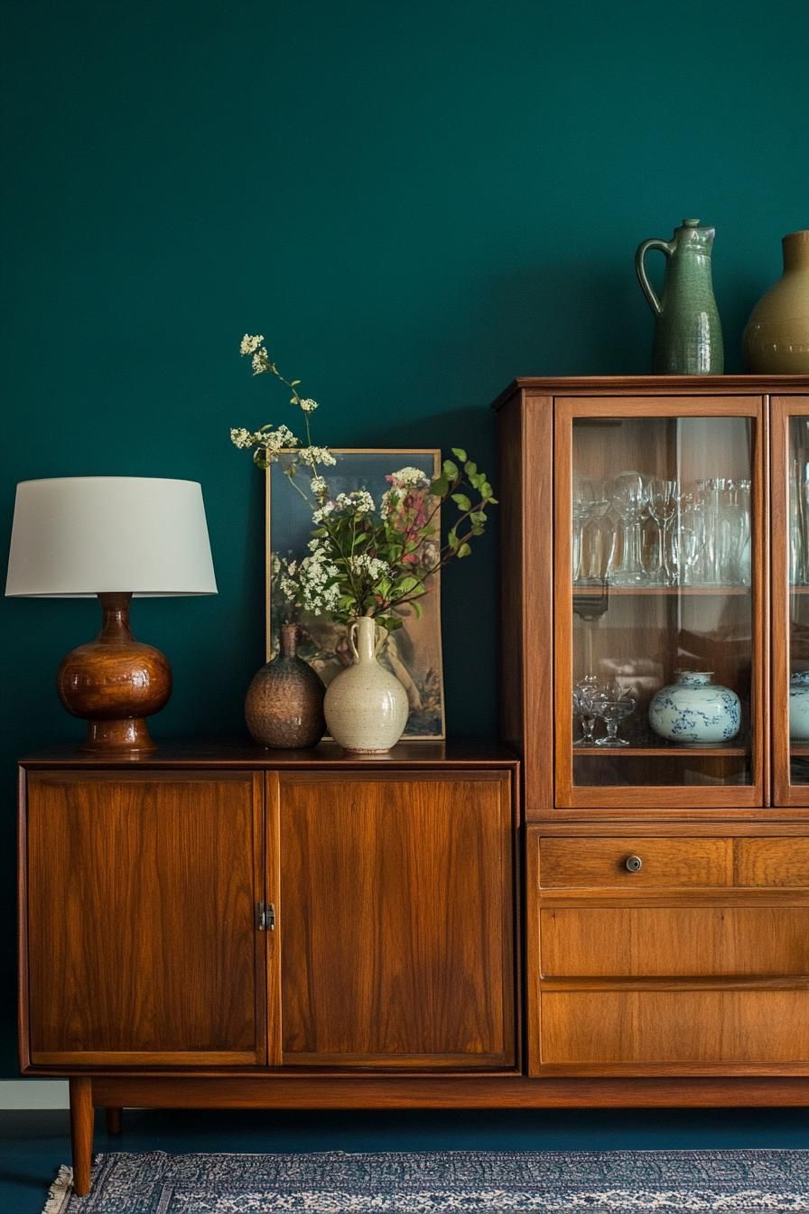 Mid-century wooden cabinet with decor items against a teal wall