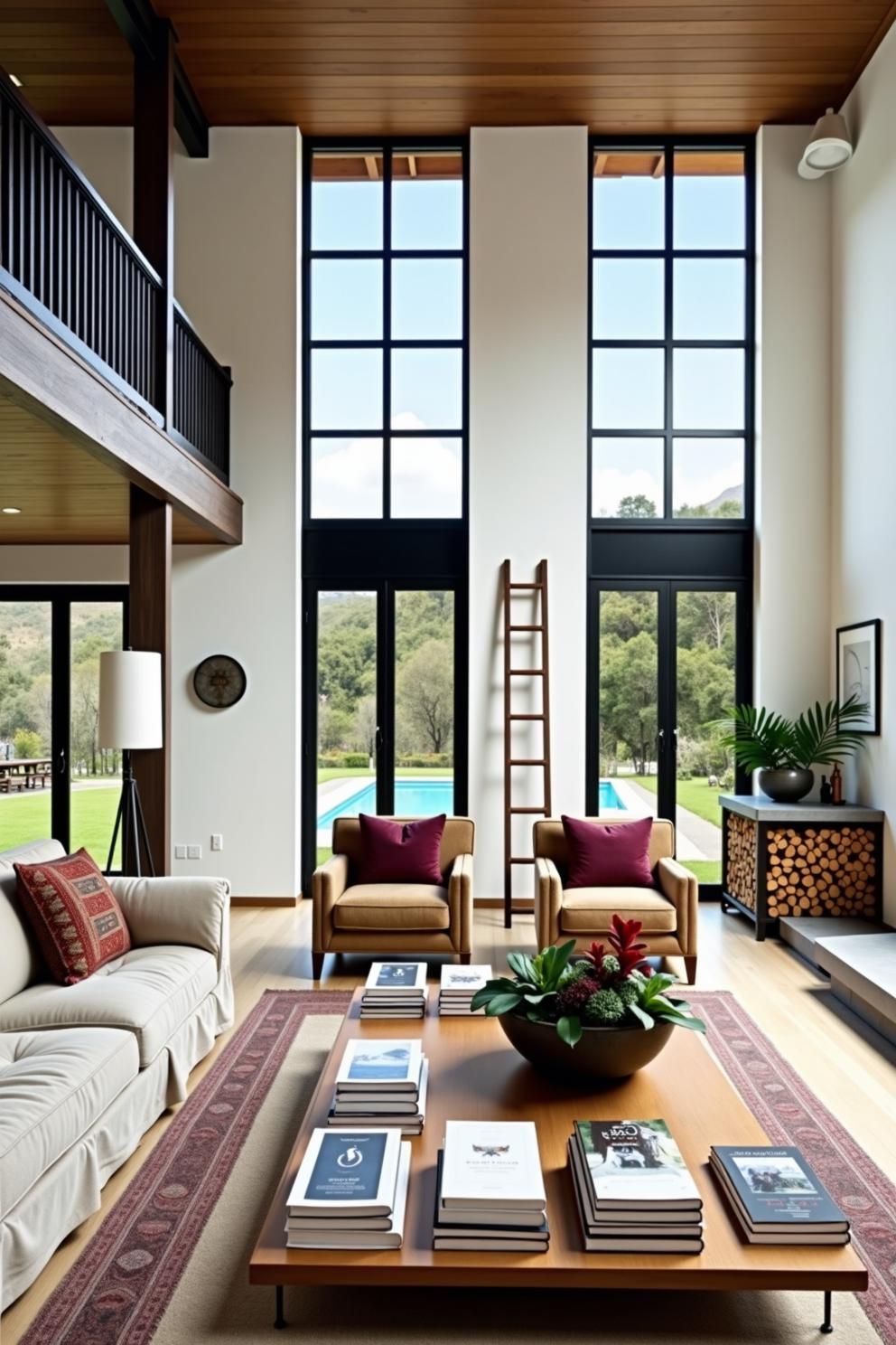 Elegant living area with tall windows and garden view