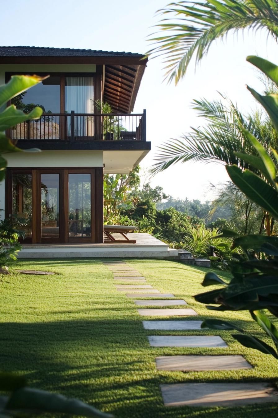 Tropical house with a path through a manicured lawn