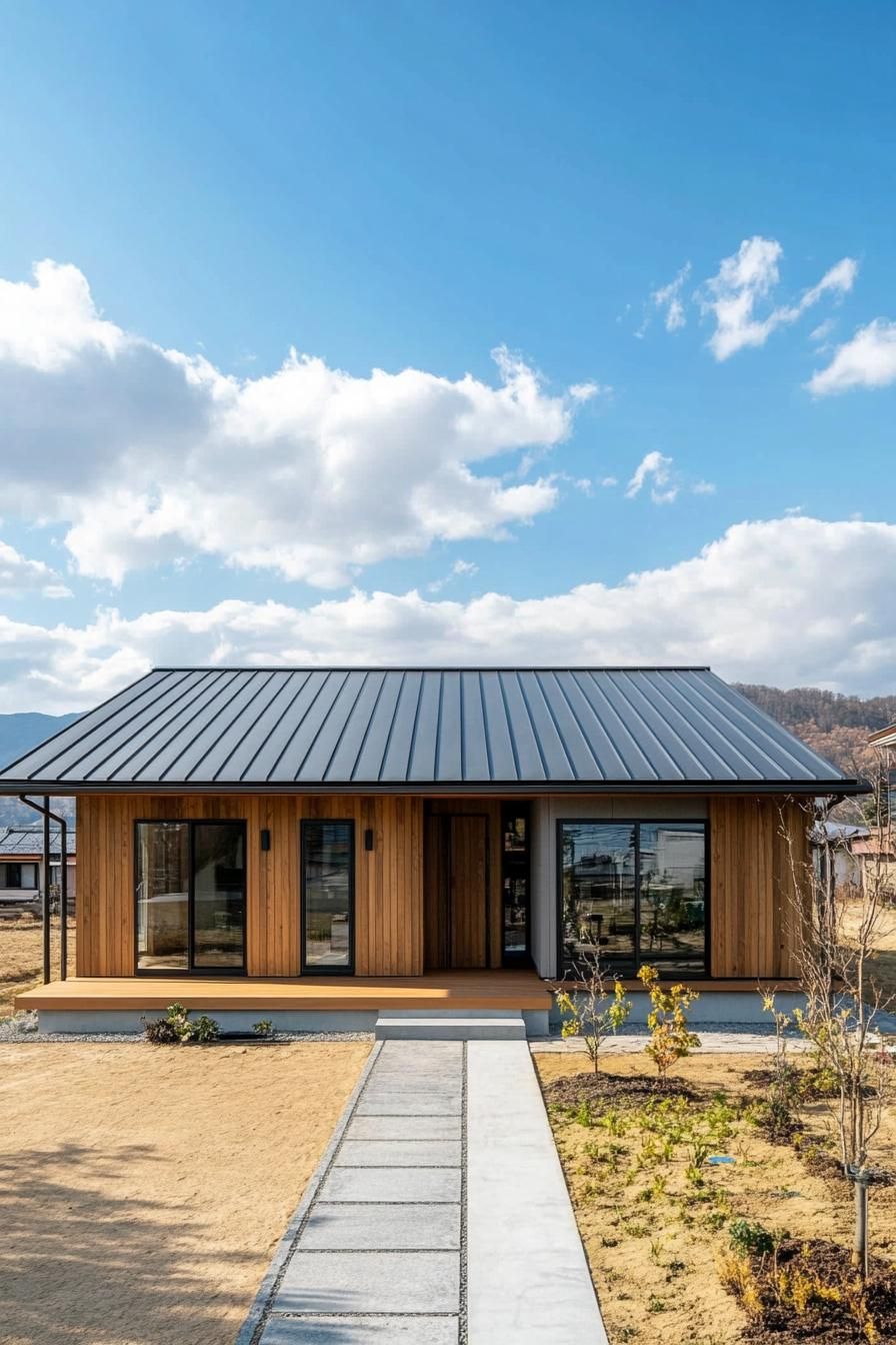 Modern ranch home with metal roof and wooden facade