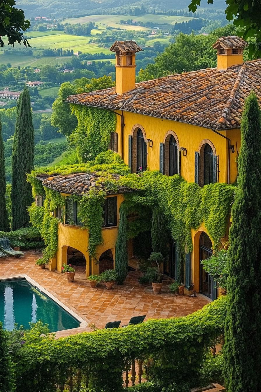 high angle view of an italian villa in yellow stucco facade overgrown with vines yard surrounded by italian cypress pool green italian valley in