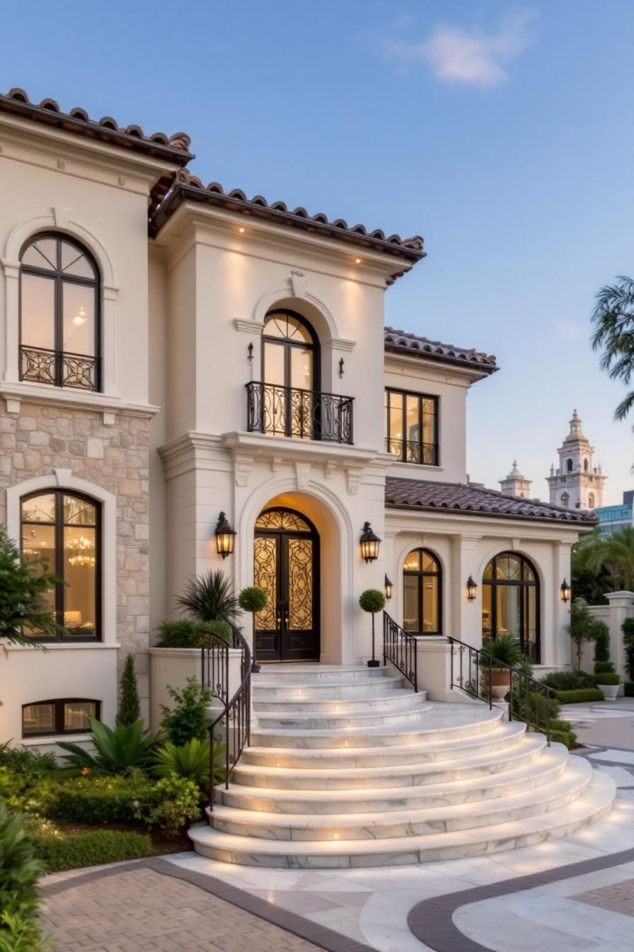 Grand staircase leading to a lavish house