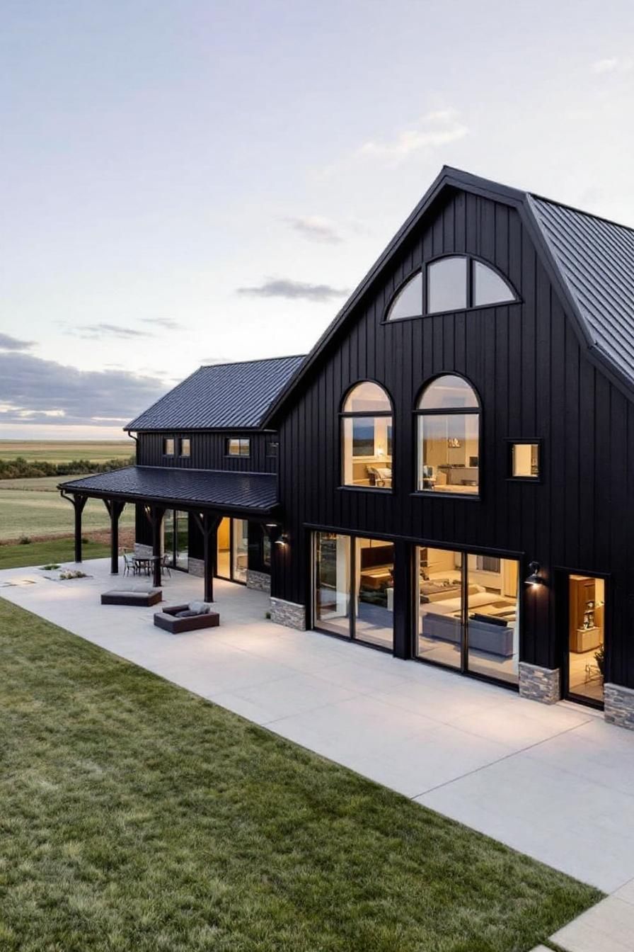 Black barndominium with large windows and grassy yard