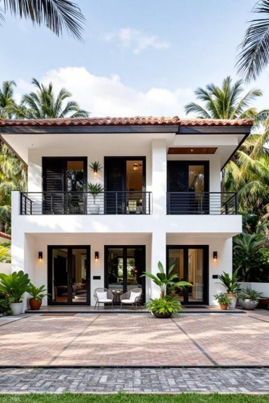 Tropical house with white facade and palm backdrop