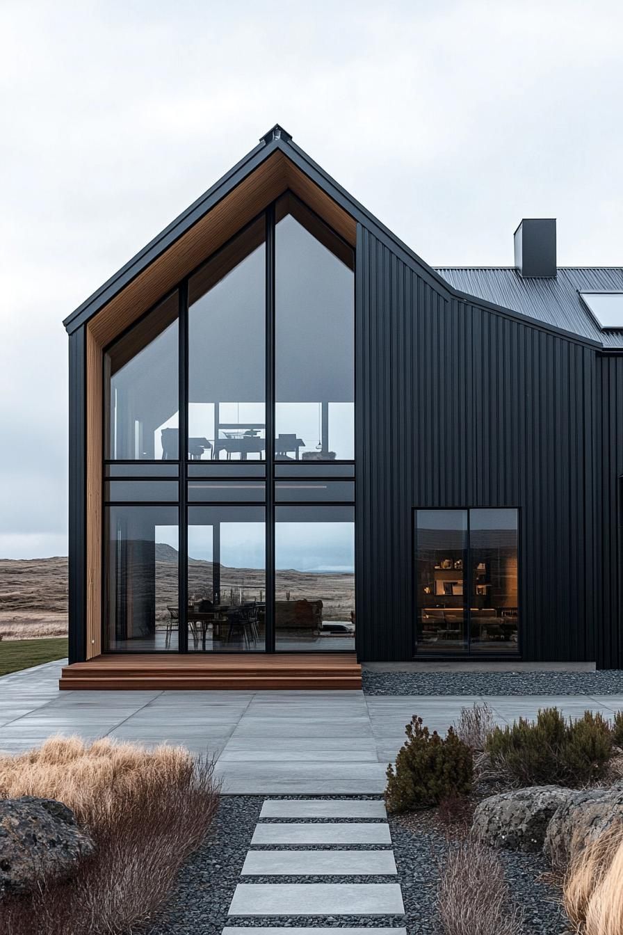 Modern barndominium with large windows and dark metal siding