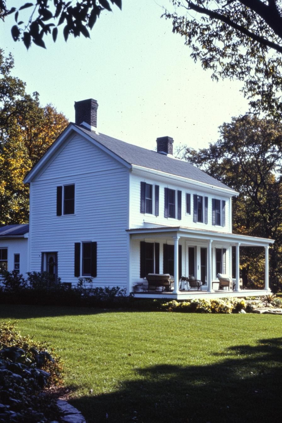 Charming white farmhouse with a wrap-around porch