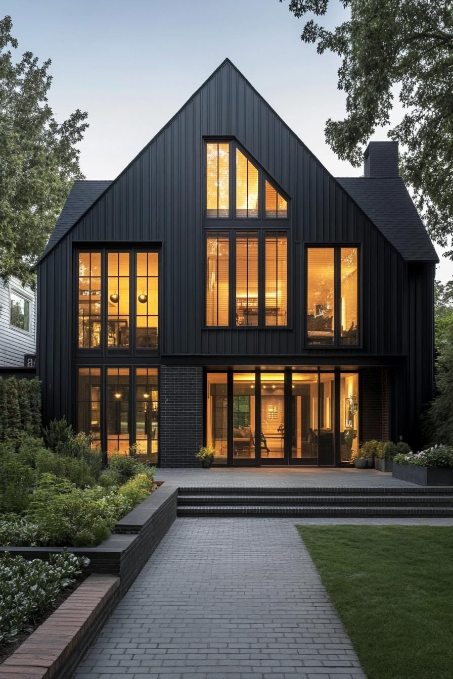 Sleek black house with large glowing windows