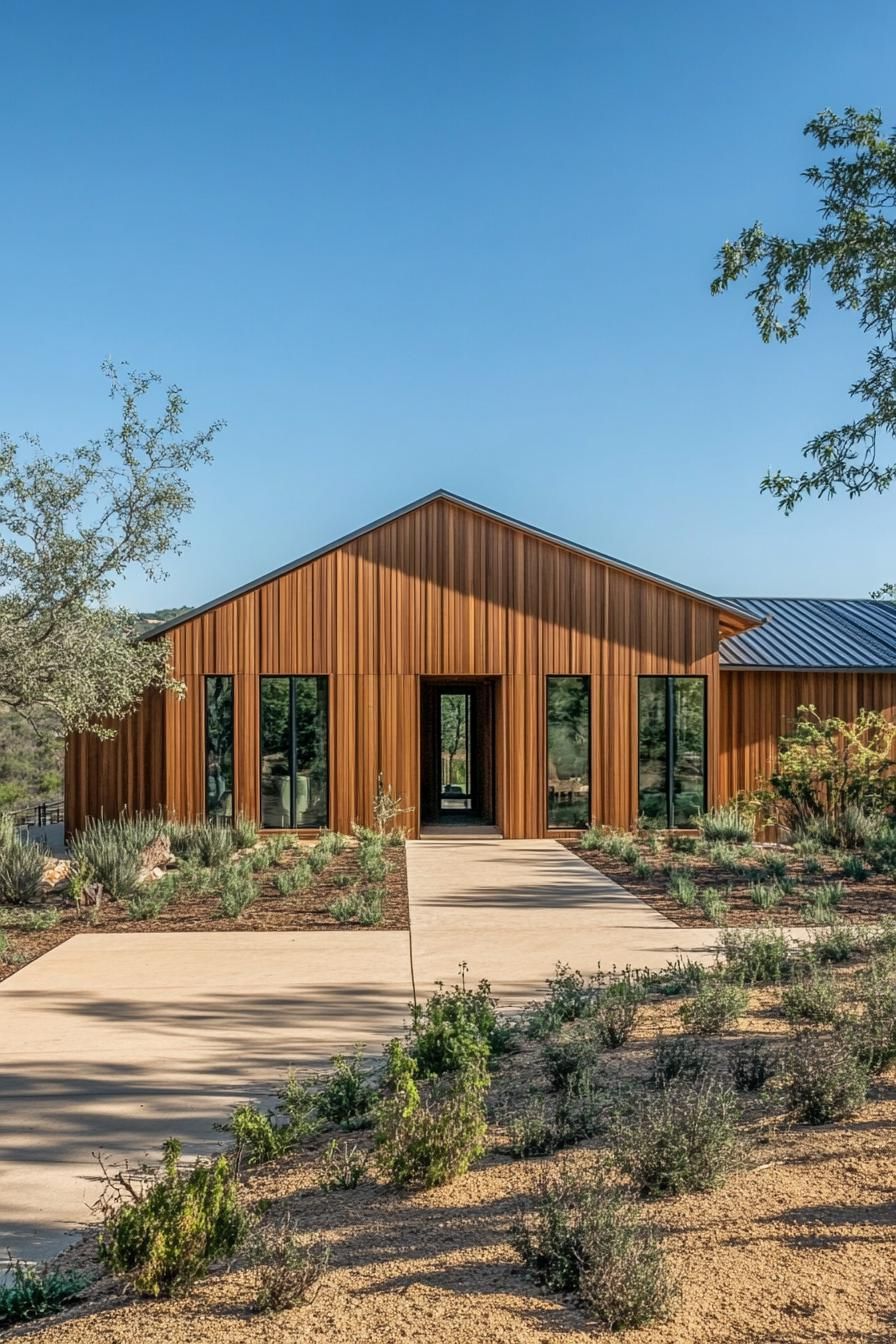 Wooden ranch-style house with a clean pathway and shrubbery