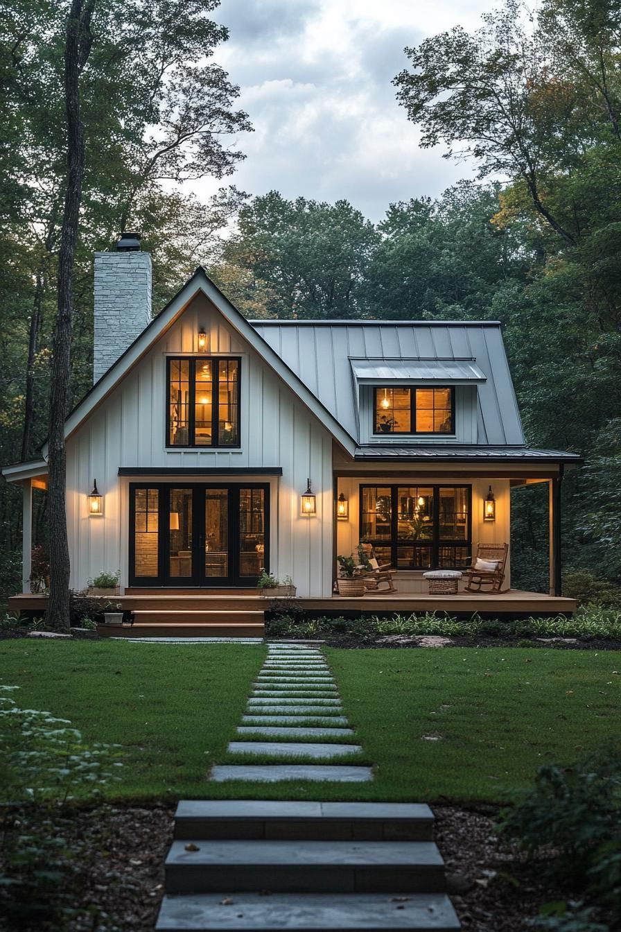 A quaint cabin with a warm, glowing interior nestled among trees