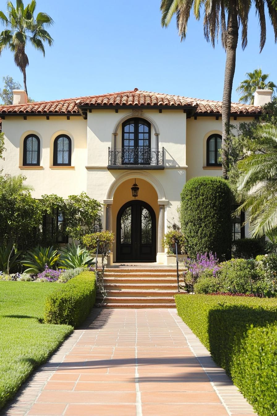 Elegant villa entrance framed by lush gardens and arches