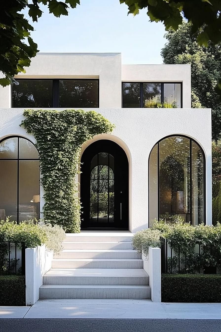 modern concrete villa with white stucco siding front arched windows and entryway vines on arches large modern windows in black trim front concrete 4