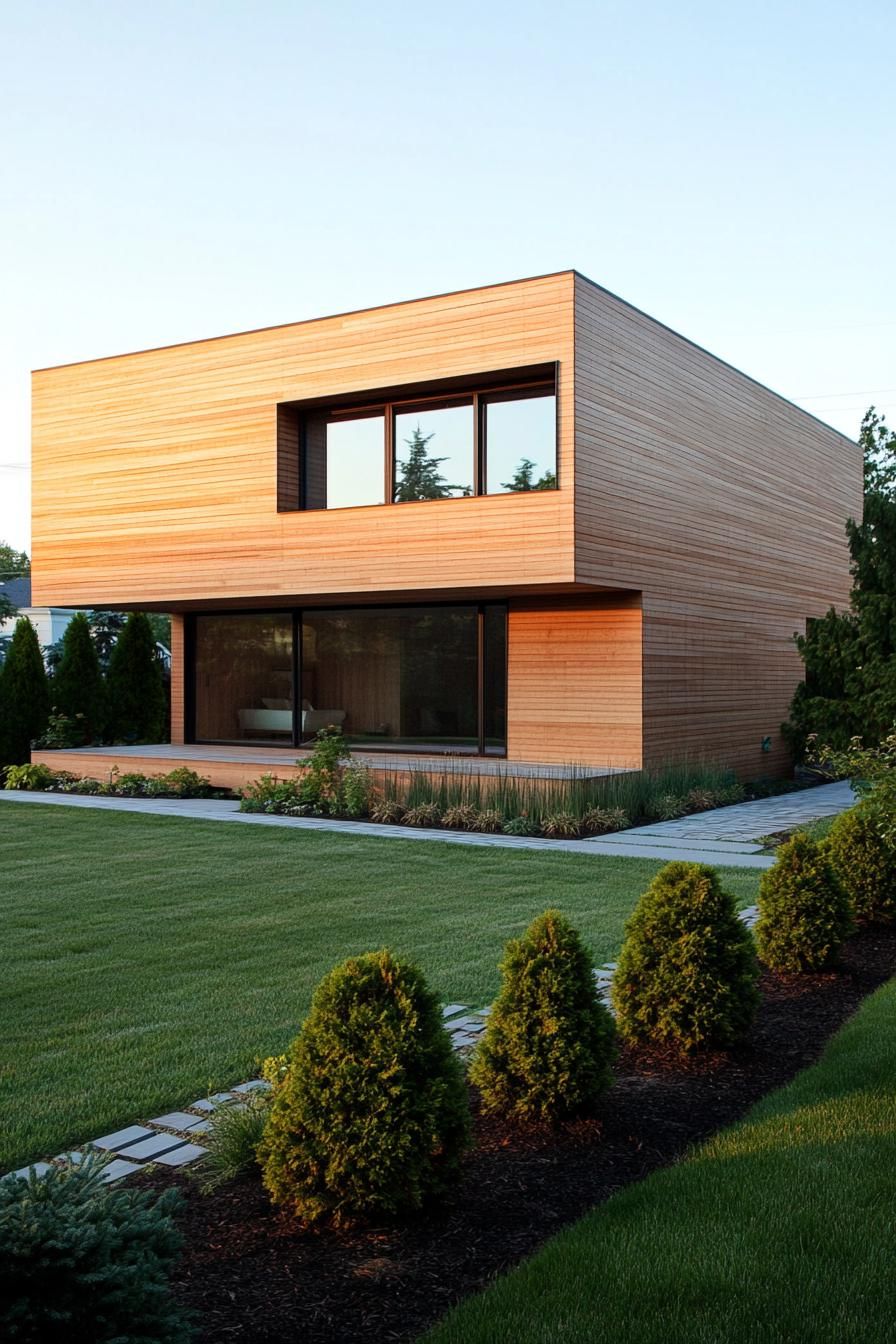 contemporary house geometric facade in all wood siding with pattern slatting large windows landscaping with geometric shrubs and lawn