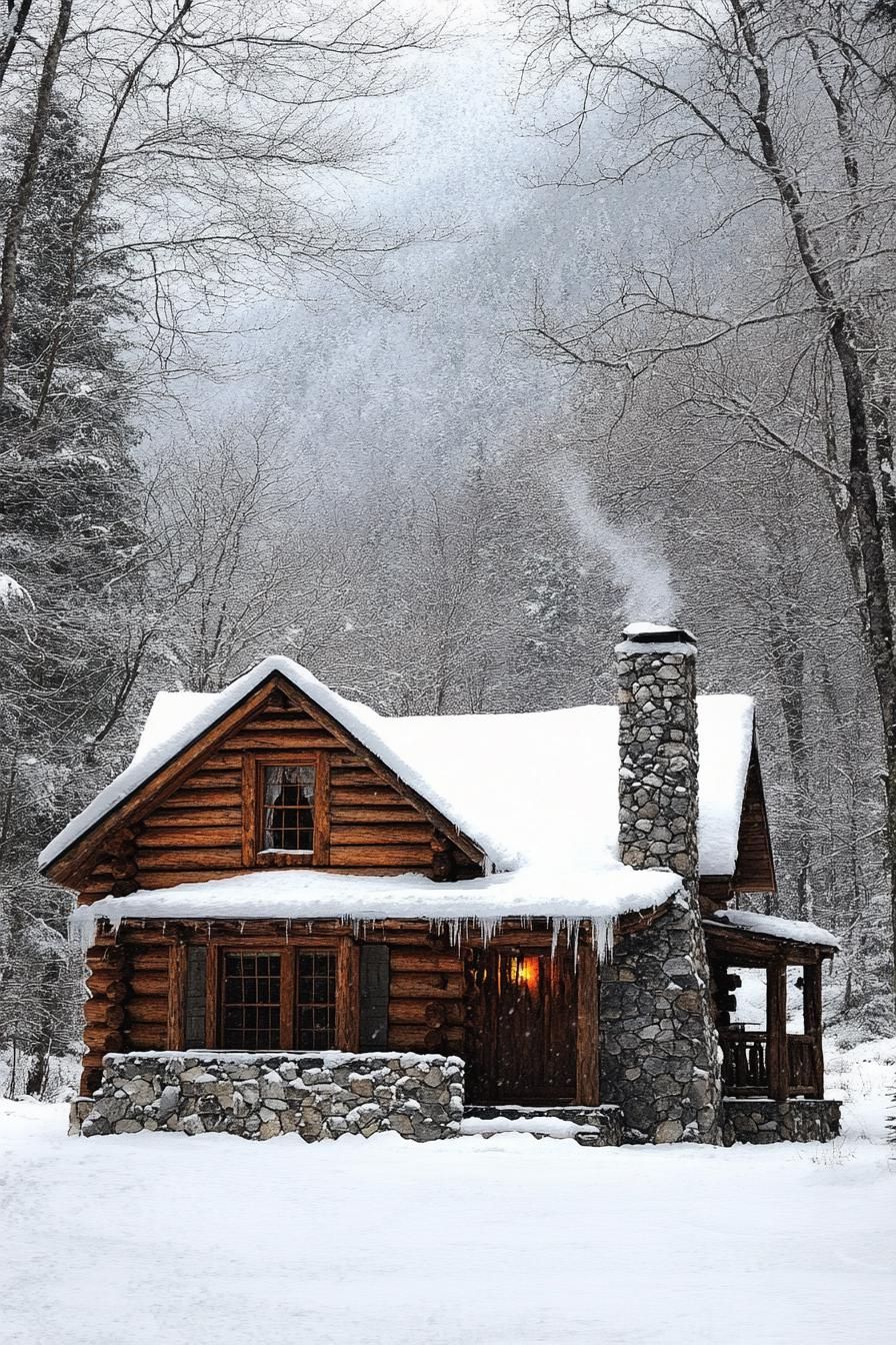 Rustic log cabin dusted with snow and icicles