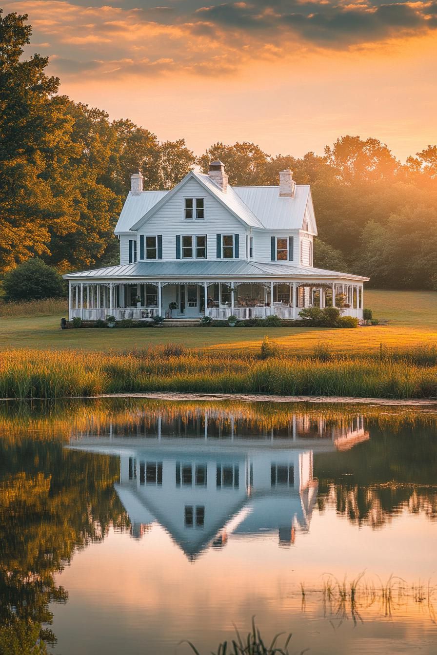 white farmhouse with large wraparound porch large pond with reflection of the house in front sunset scene scenic farmland landscape 1