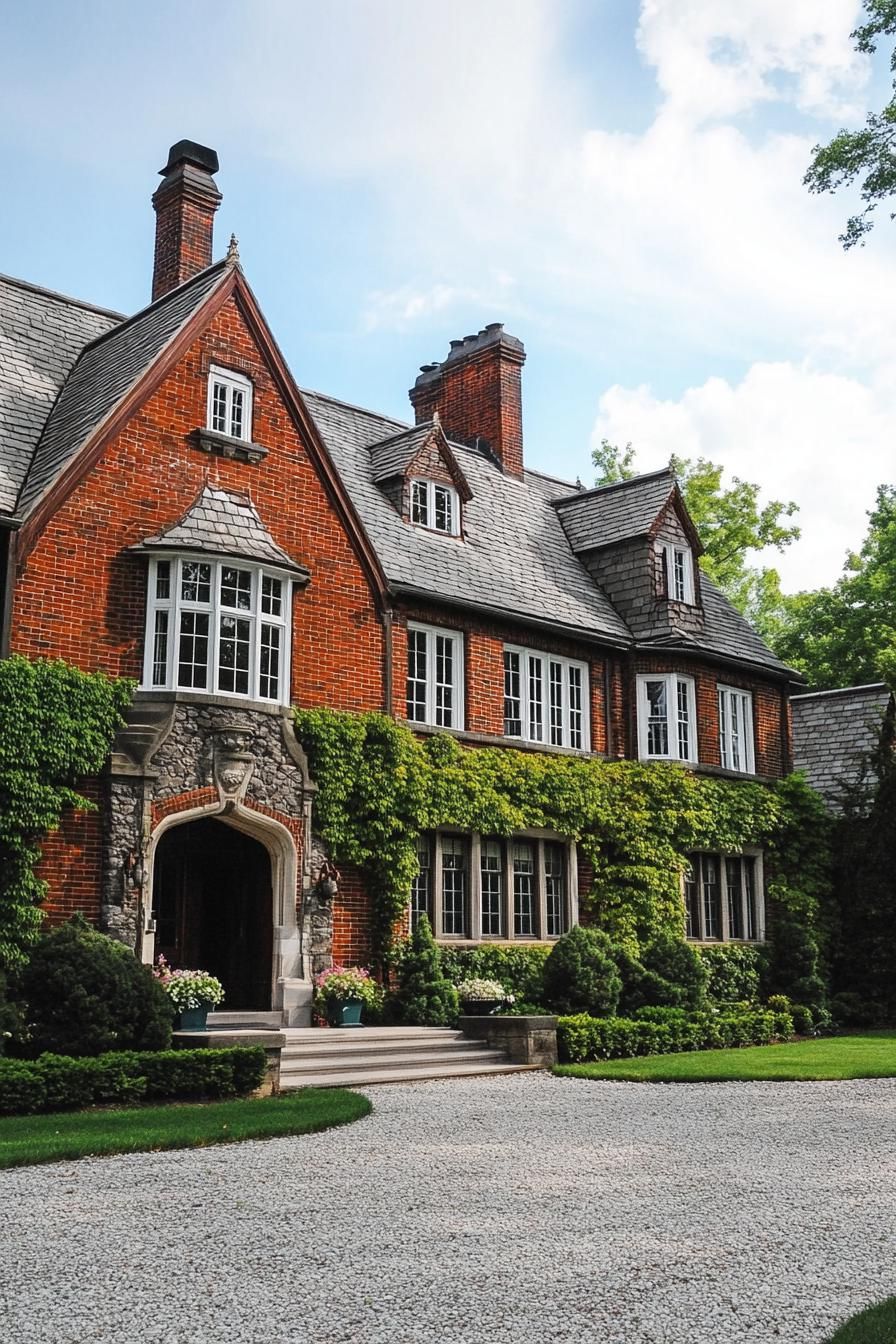 English dark red brick manor with white windows grey stone shingle roof facade with vines gravel and lawn front yard 1