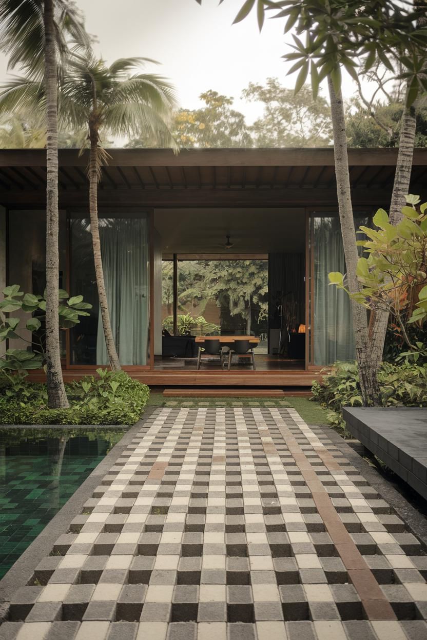 Tropical villa with checkered walkway and lush greenery