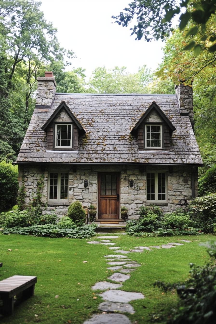 Rustic stone cottage with a lush green garden