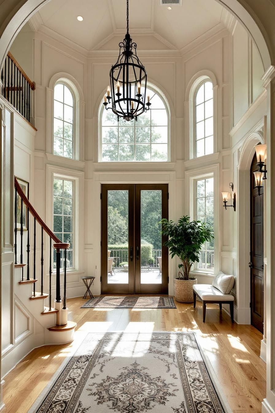 Colonial foyer with large windows and elegant staircase