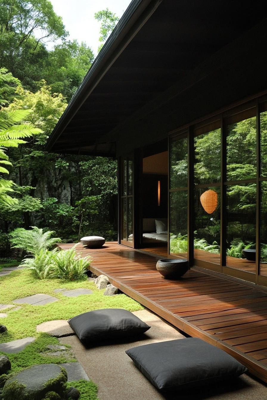 Japanese courtyard with wooden deck and lush greenery