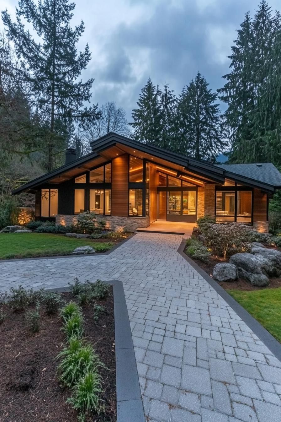 Modern ranch house with large windows and pathway