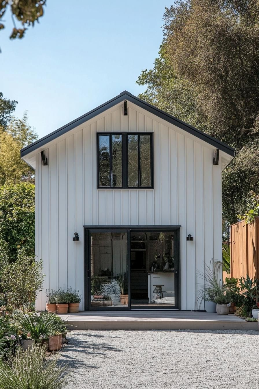 White two-story shed house surrounded by greenery