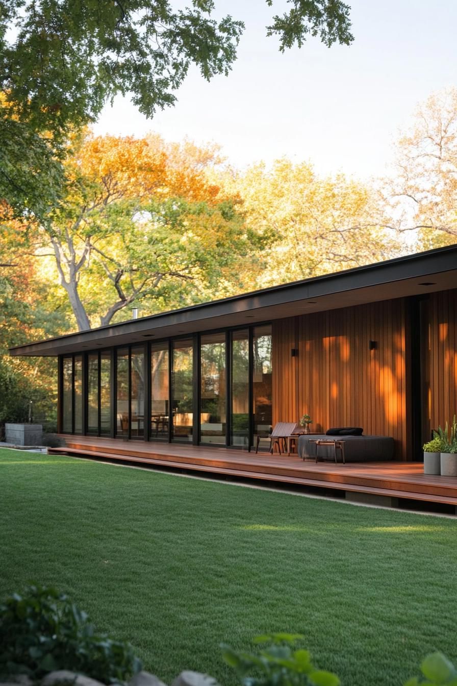 Modern longhouse with glass walls under autumn trees