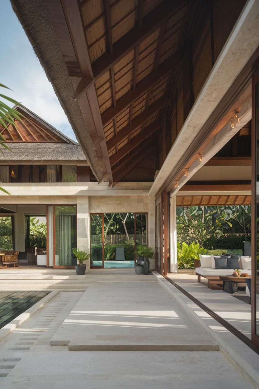 Open-air tropical living room with poolside view